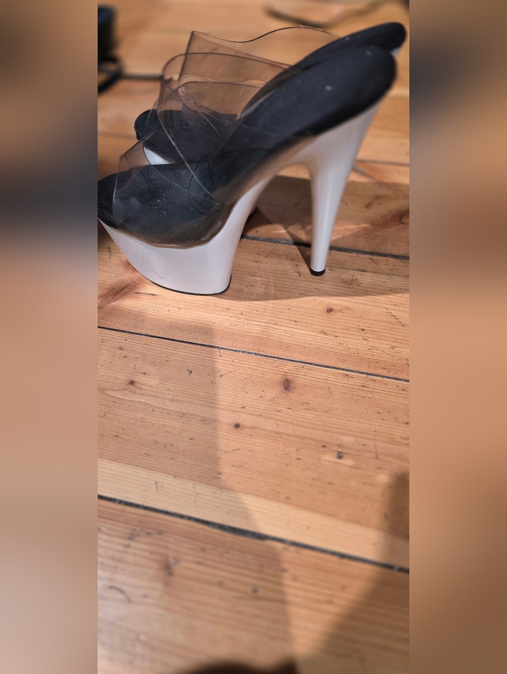 Pleaser Black Wedge Mules with Clear Straps